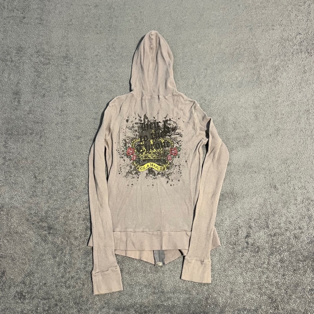 Vintage Y2K Mixology Womens Thermal Zip Up Hoodie Skull Crown Taupe Large